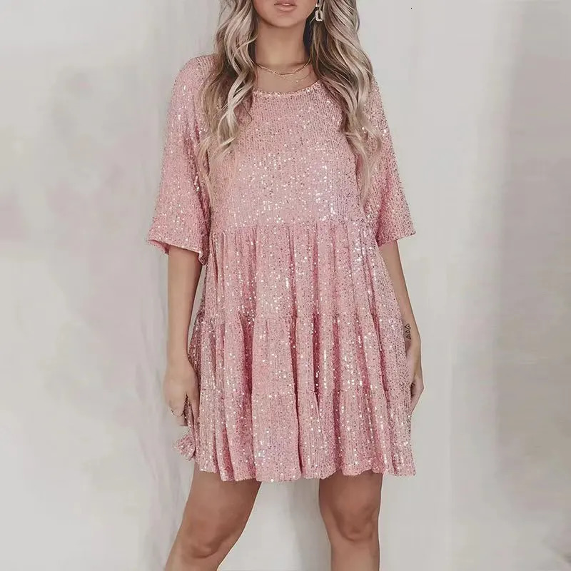 Plussize elegant fashion sequins round neck loose shortsleeved dress dinner plussize womens clothing 250214