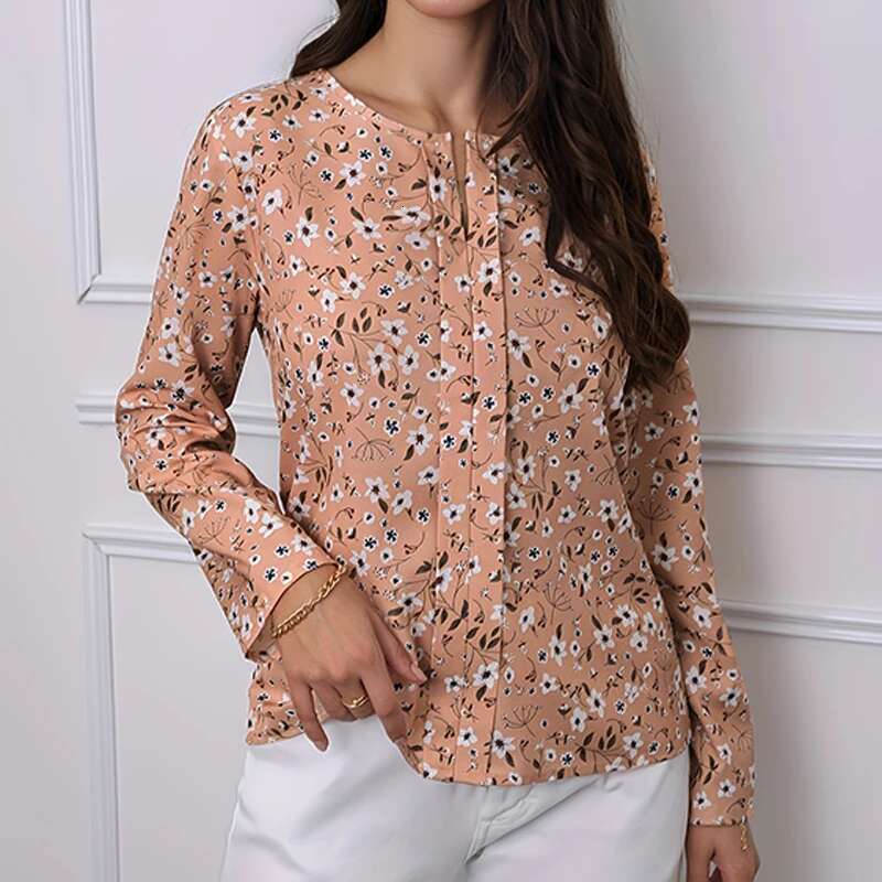 2024 Women's Small Ral Print Design Round Neck Fashion Long Sleeve Shirt Summer And Autumn Breathable Fiber New Standar