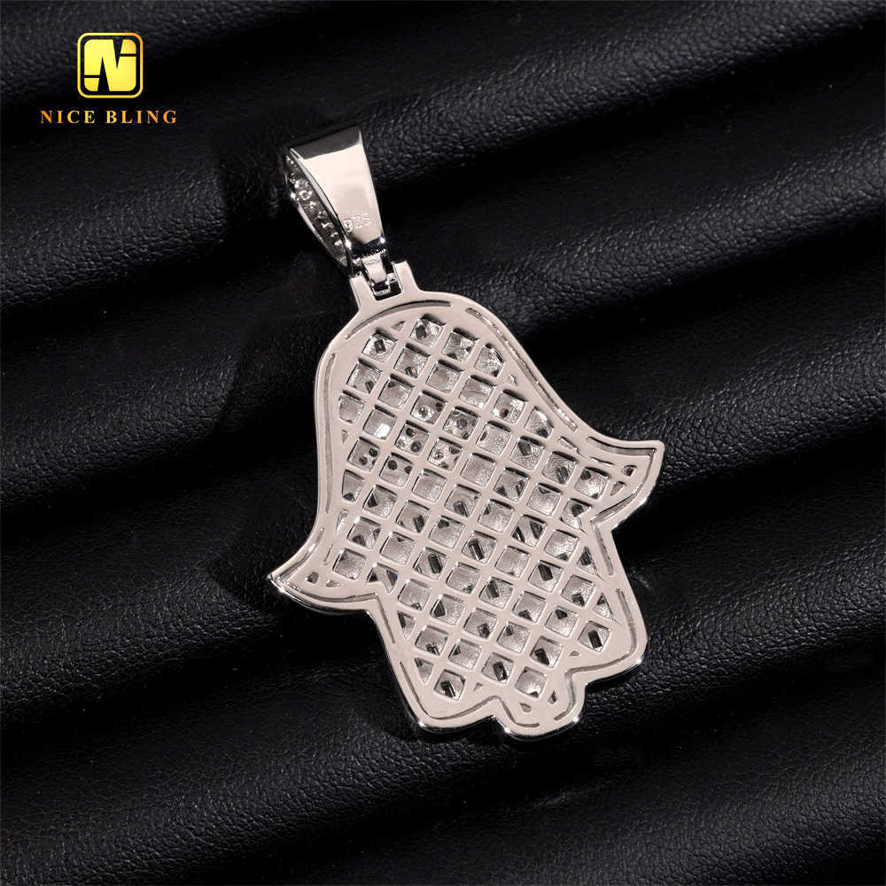 Hamsa Hand Pendant Custom Iced Out Cave Back Fine Hip Hop Jewelry Round Baguette 925 Silver VVS Moissanite Diamond Lucky Pendant