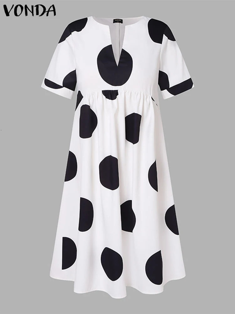 Plus Size 5XL VONDA 2024 Bohemian Polka Dot Printed Dress Summer Vneck Party Midi Sundress Short Sleeve Loose Tank Top 250214