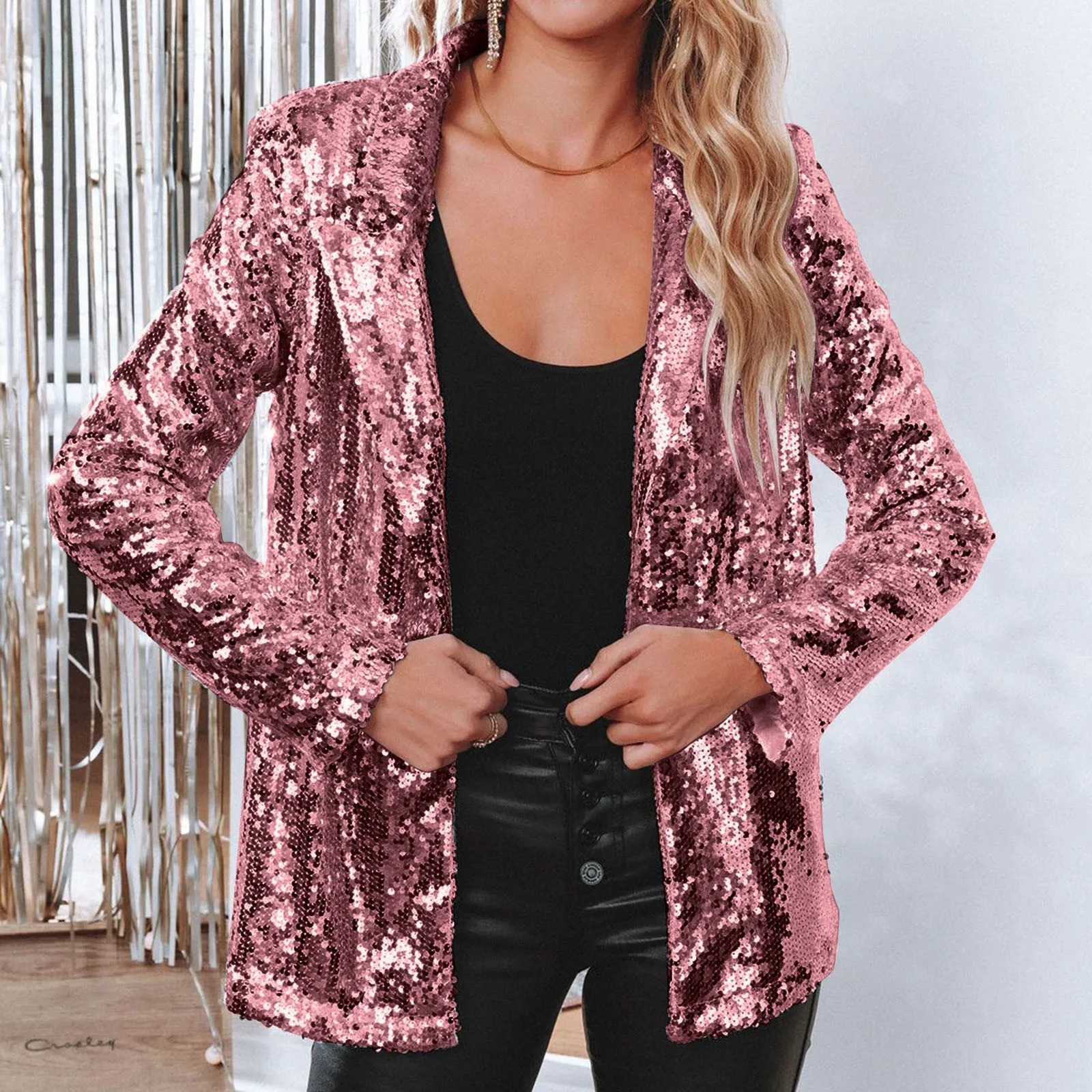 Women Elegant Sequins Suit Jackets Long Sleeve Glitter Party Shiny Lapel Coat Rave Outerwear Club Wear Blazers Jacket 250211