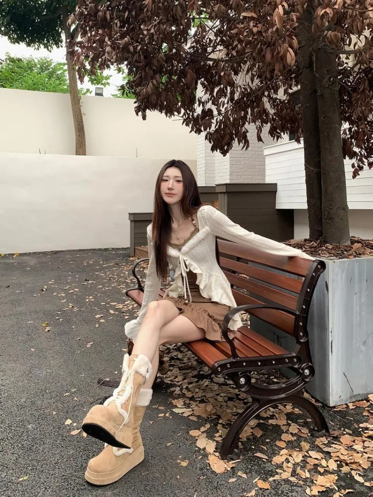 American Retro Slim Fit Camisole Dress for Women Ruffles Long Sleeve Knitted Cardigan Autumn Two Piece Sets 250214