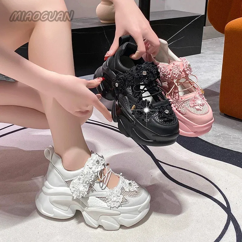 Women Platform Sneakers Casual Breathable Crystal wer Shoes Summer Chunky Tennis 7.5CM Hidden Heels Hollow Leisure Shoe Woman