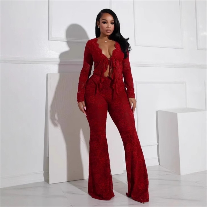 Women Tracksuits Two Pieces Set 2025 New Spring Summer Sexy Lace Up Hollow Cardigan Long Sleeved Lace Shirt Lace Pants