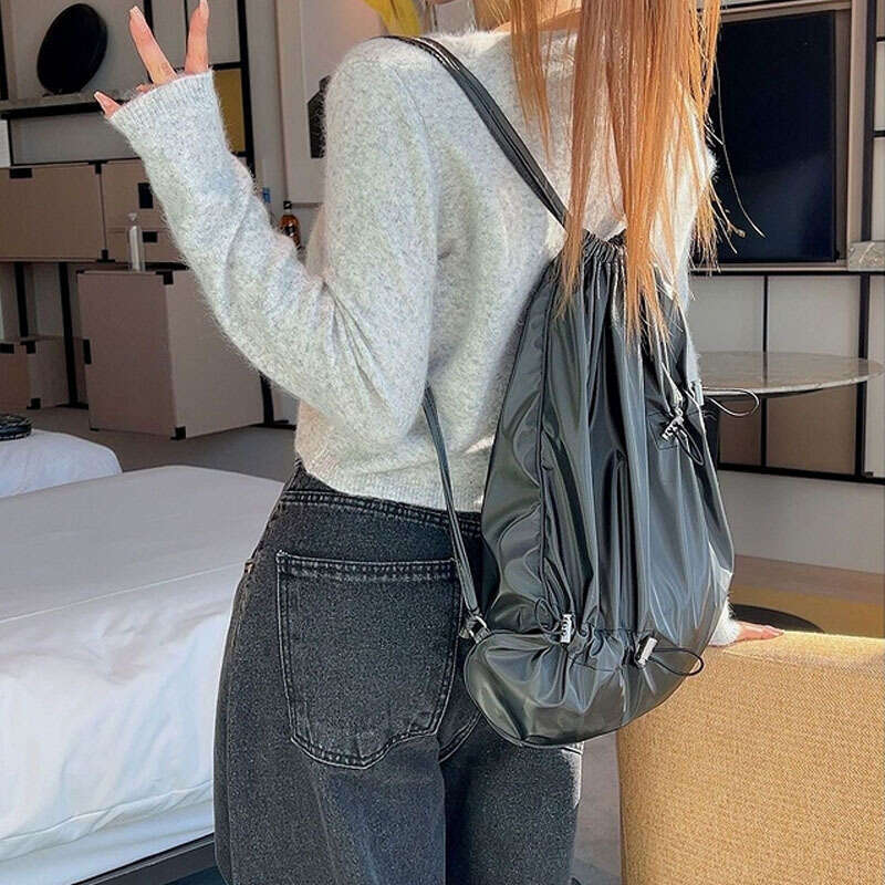 South Korea's East Gate New Irregular Drawstring Folded Strap Mouth Casual Large Capacity Versatile Bright Face Backpack Trendy