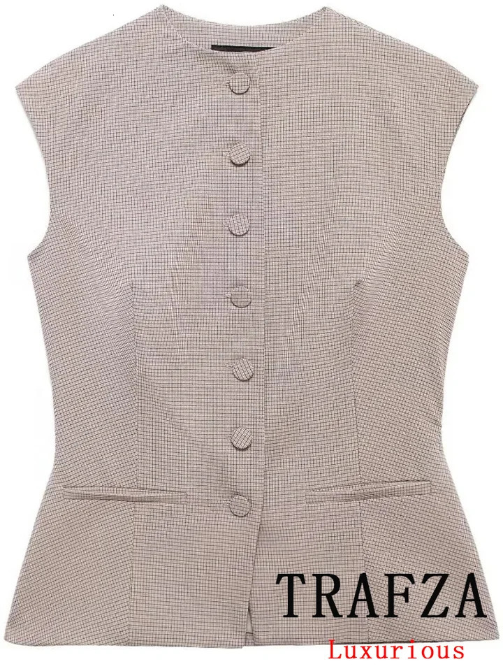TRAFZA Vintage Casual Chic Office Lady Blazer Women Plaid O-Neck Sleeveless Single Breasted Blazer Fashion Spring Blazers 250210