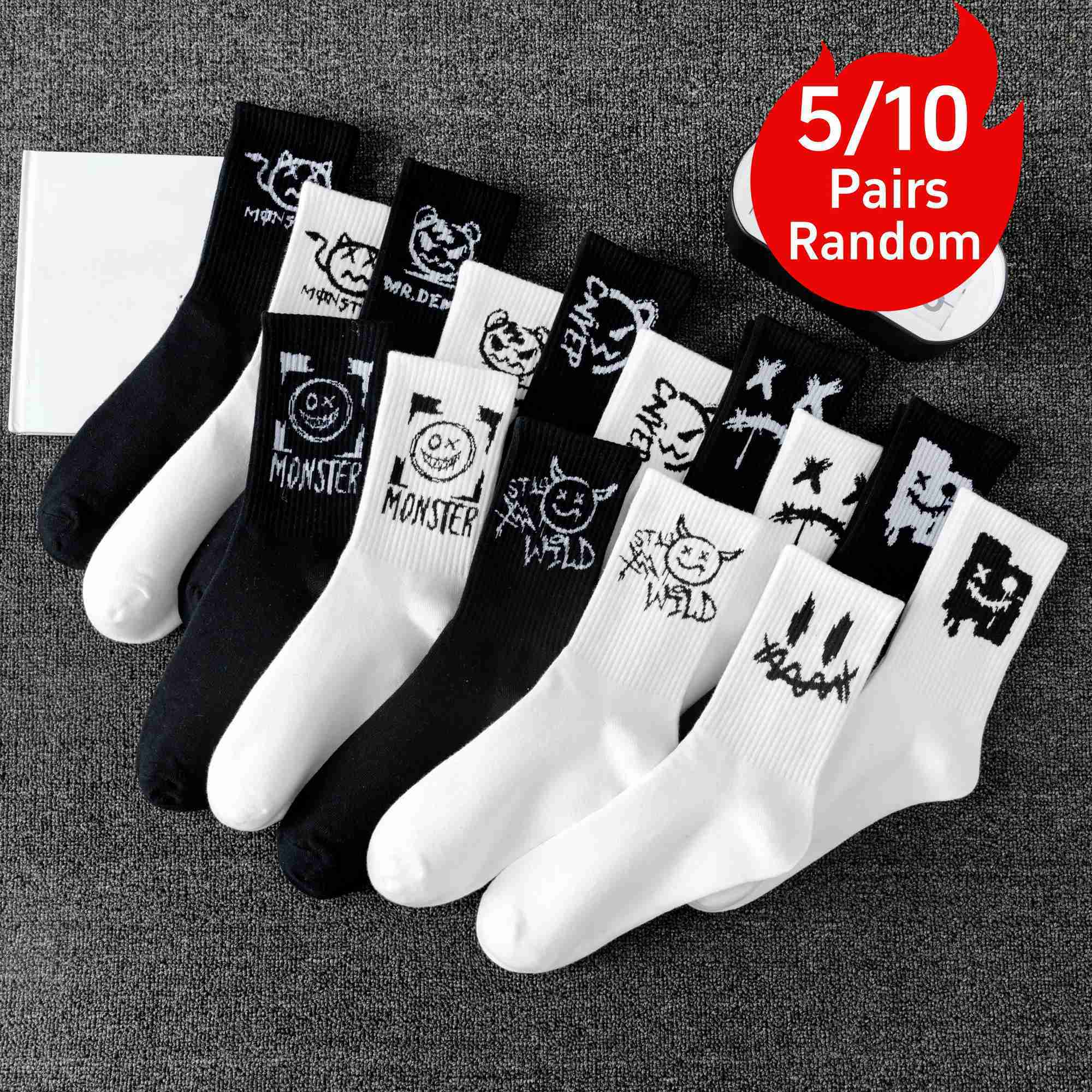 Random multiple pairs of mens crew socks graffiti ghost face unique street trend moisture wicking W250217