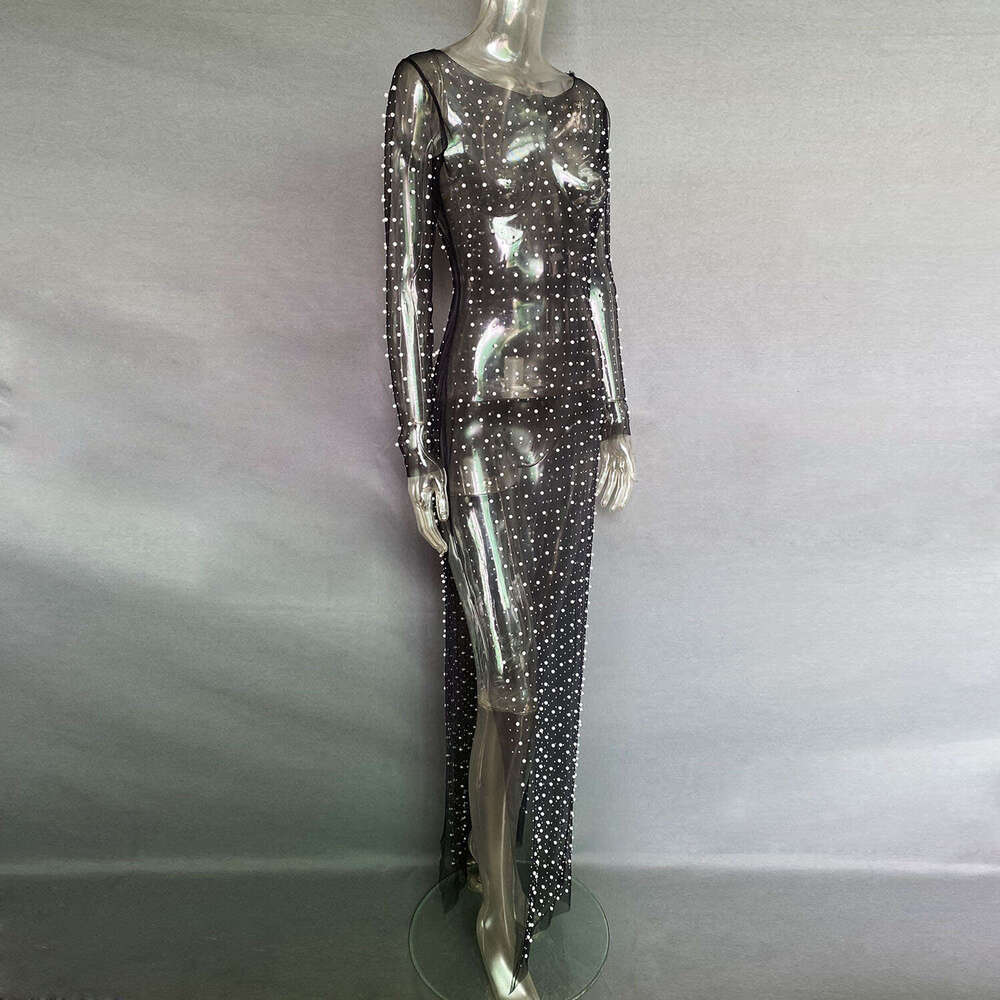 Summer Hot Women's Bubble Bead Paste Dia Mesh Perspective Long Dress 2025 New Casual Fashion Trendy Clothing