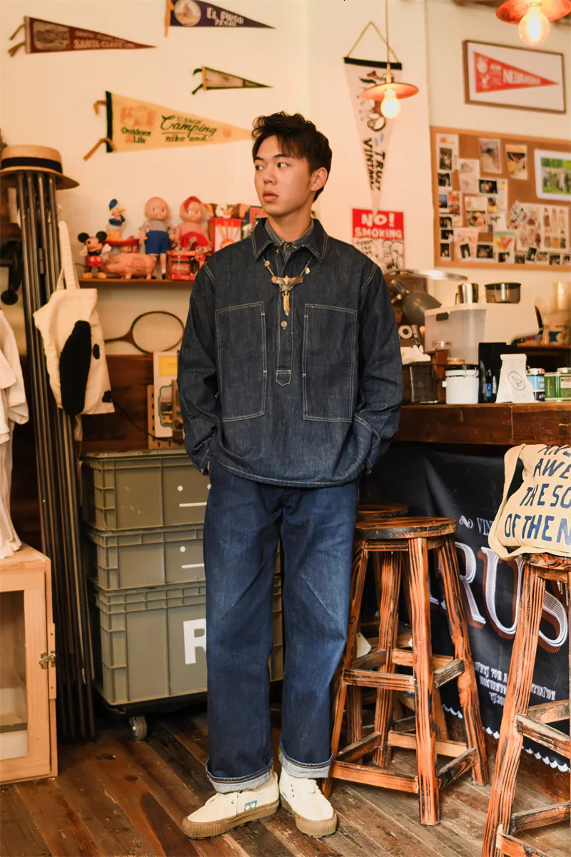 1920s Vintage US Army Spring Summer Blue Denim Work Uniforms Loose Pullover Shirt Jacket 250210