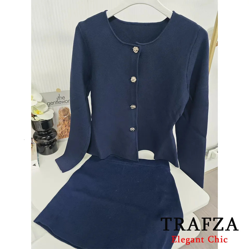 TRAFZAWomen Elegant Navy Blue Skirt Set SweaterSkirt Spring Fall Fashion Elegent Office Lady Minimalism 250214