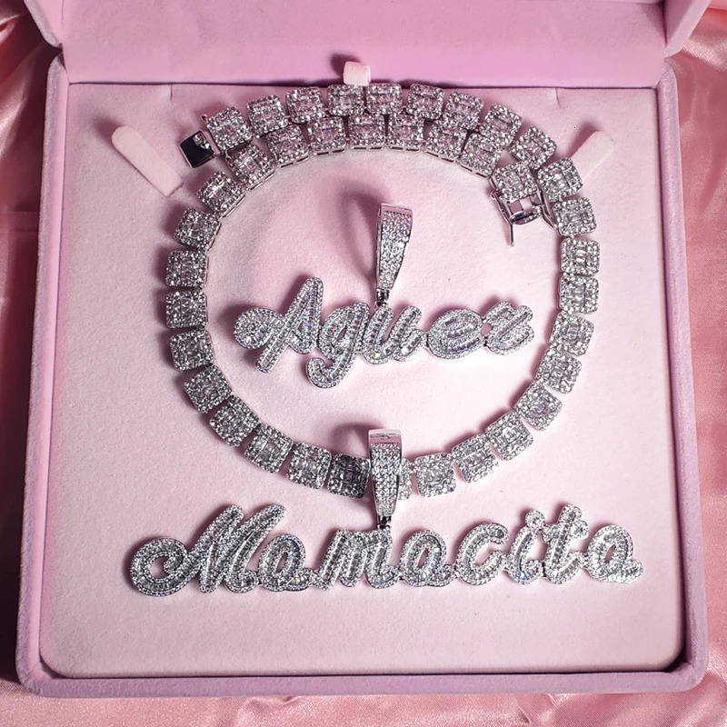 Custom Brush Cursive Iced Out Letter Name Pendant Word Necklace With Rhinestone Baguettes Chain Drop 250214