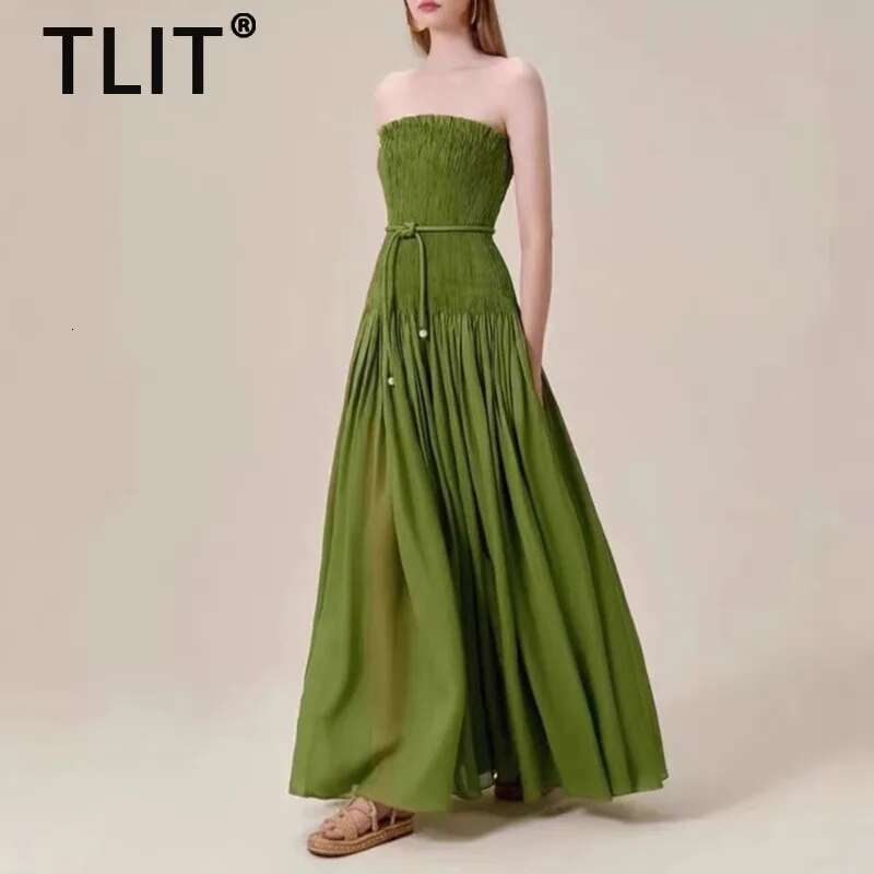 Elegant Women's Minimalist Solid Dresses Slash Collar High Waist Sleeveless Slim Evening Dress Spring 2025 New