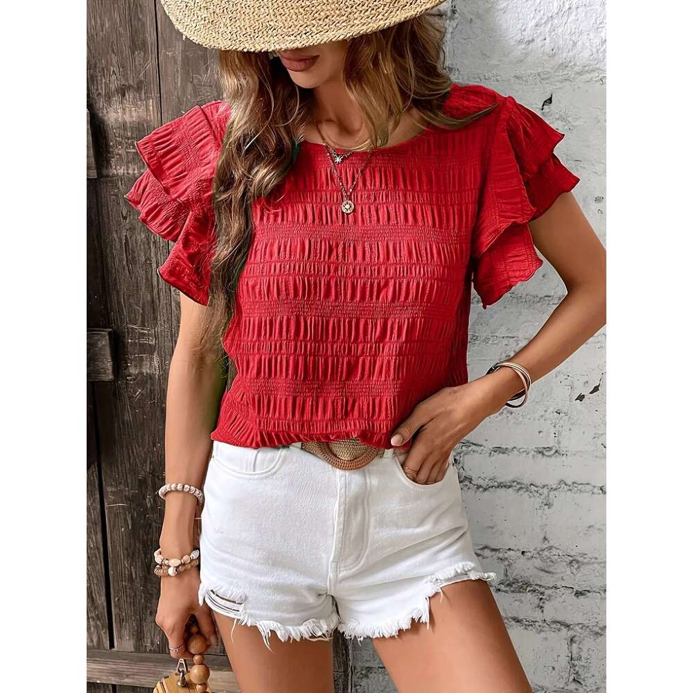 Summer Elegant Solid Shirt For Women Casual Office Lady Blouses Vintage Butterfly Sleeve O Neck Tops