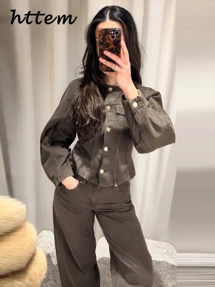 Street Denim Jacket Pants Sets Women Slim Crop O-neck Single Breasted Coat Pocket Zipped Pants 2025 Spring Lady Fashion Outfits 250210