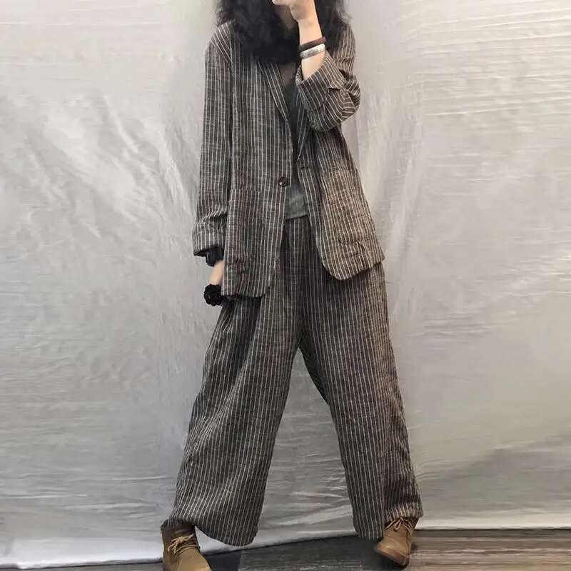 2025 Spring Autumn Large Size Casual Suits Fashion Art Retro Loose 2 Piece Women Suit Blazer And Pants En Set