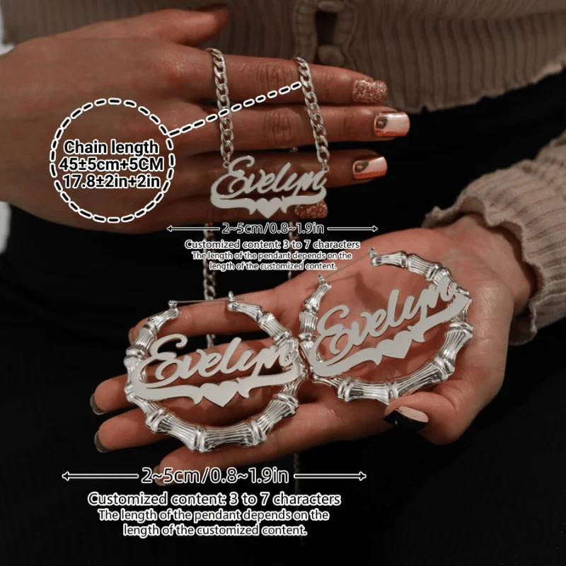 A unique 3-in-1 personalized name bamboo earring and necklace set customized with Halloween decoration inspiration 250214