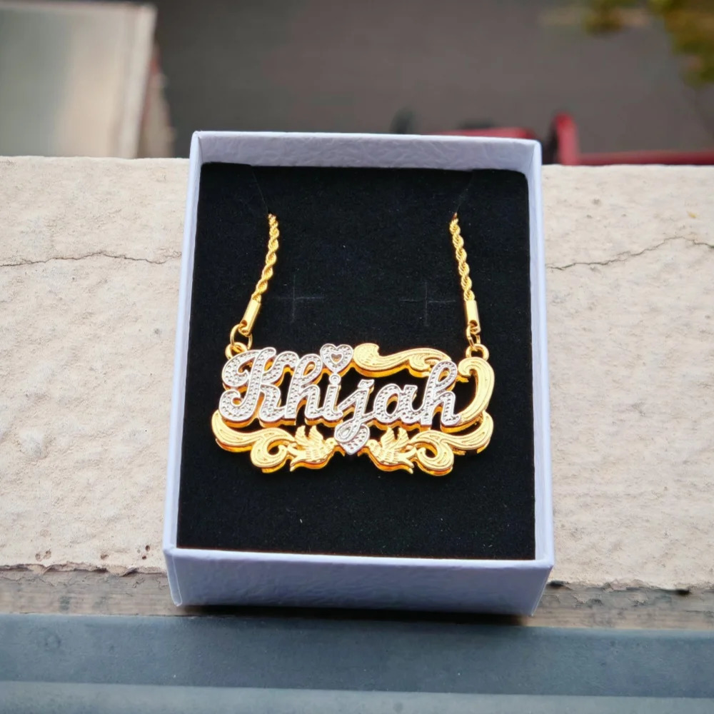 LeeChee Custom Name Double Layer Necklace 18K Gold Two Tone Heart Bird Personalized Jewelry For Adult 250214