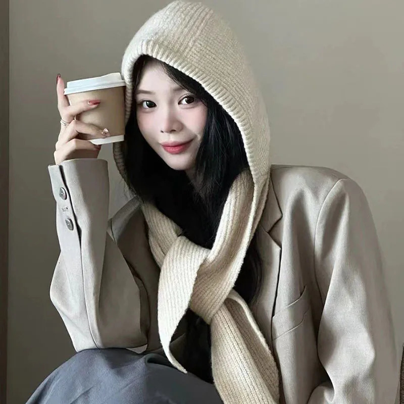 2025 est Knitted Balaclava Autumn Winter Solid Color Warm Beanie Shawl Earmuffs Hat Versatile Wool Hat For Women250214