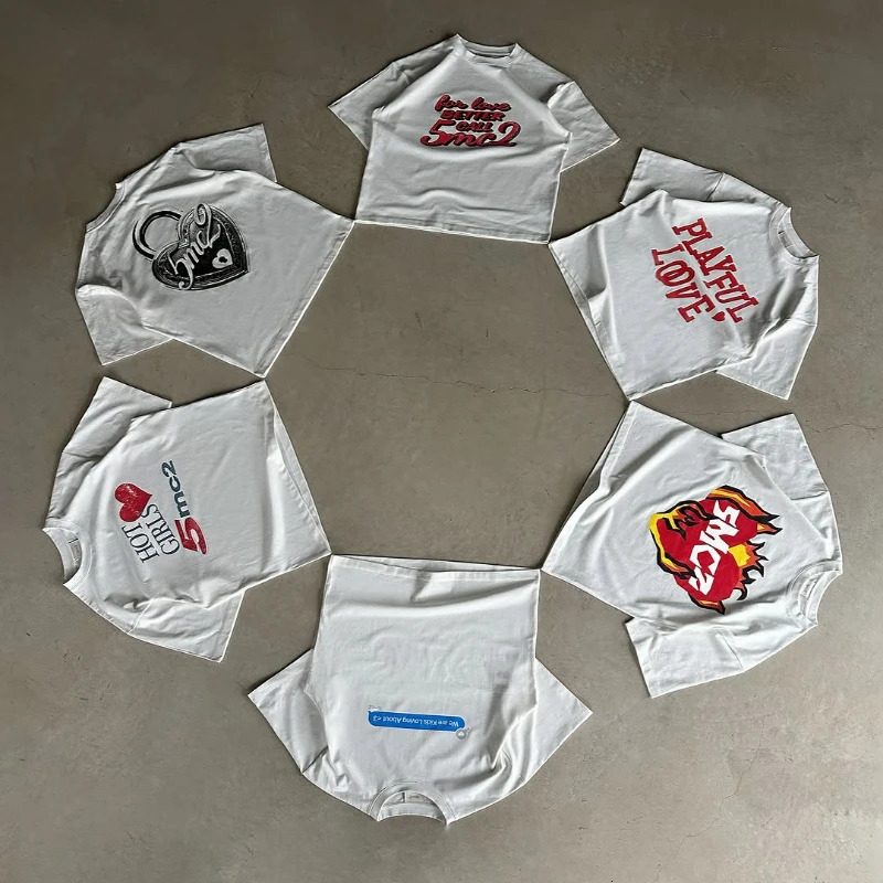 Y2K mens T shirt oversized loose American street style tops fashion printed pattern round neck Solid color cotton lovers pullover 250210