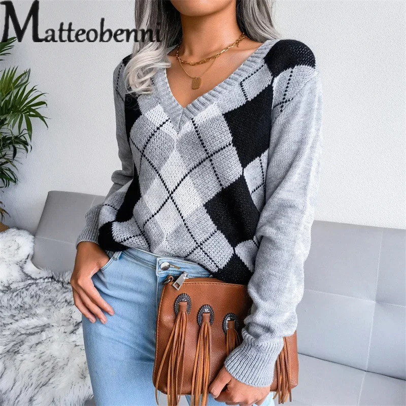 College Style Rhombus Sweater Women Elegant V Neck Pullover Jumpers Female Autumn Winter Casual Loose Knitwear Trend Streetwear 250211