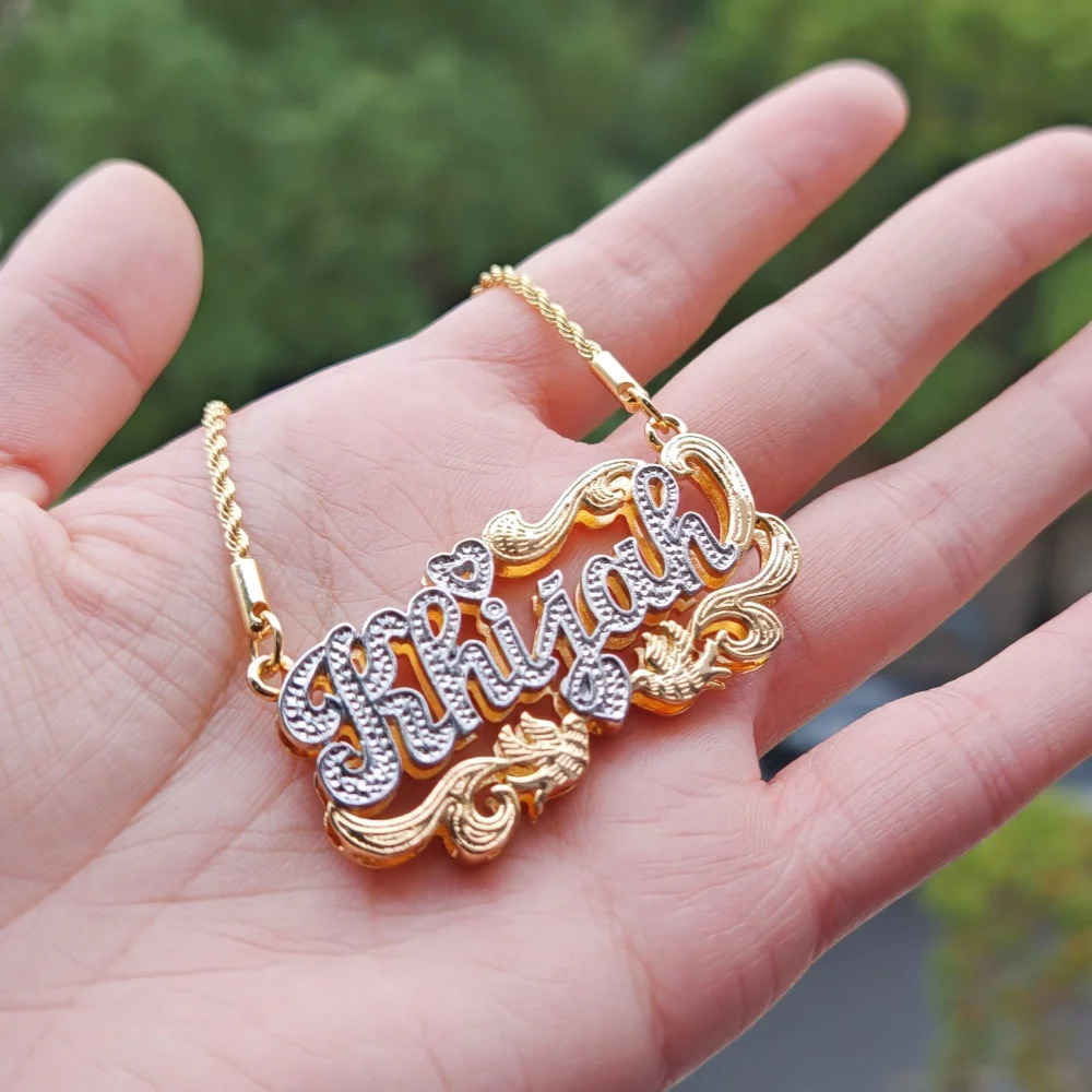 LeeChee Custom Name Double Layer Necklace 18K Gold Two Tone Heart Bird Personalized Jewelry For Adult 250214