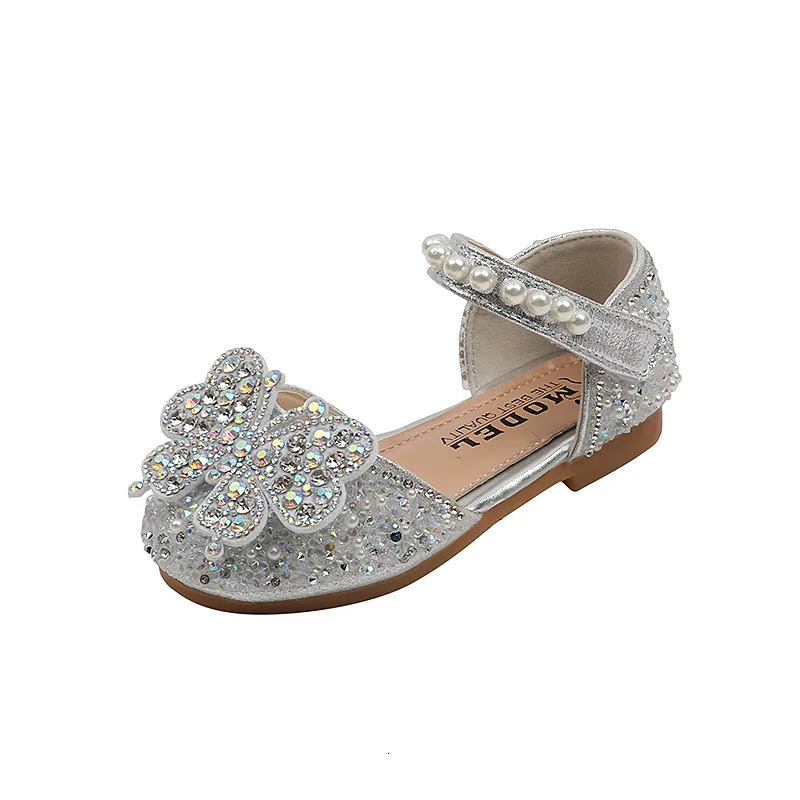 Kids Sequined Bowknot Princess Sandals Girls Glitter Sandals Childrens Dance Leather Shoes Toddler Flats Shoes 250214