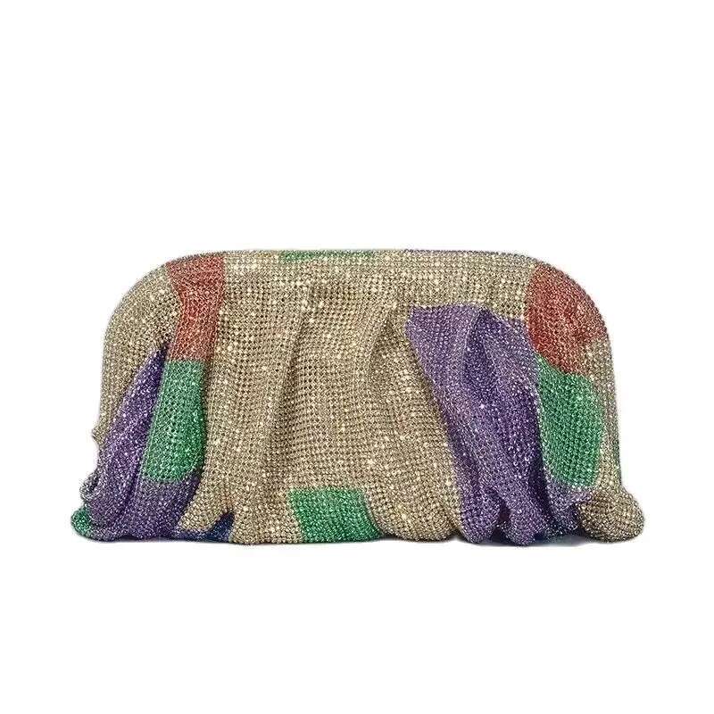 Designer bag women's handbag cloud pleated rainbow fashionable shiny clip rhinestone dinner bag chain strap hand-held crossbody