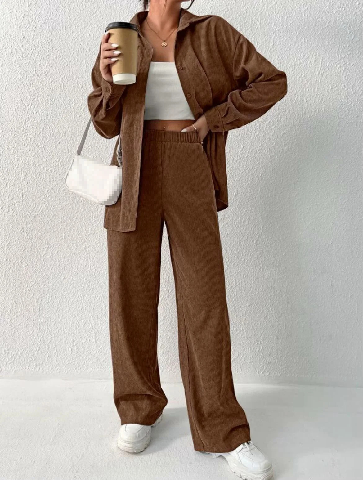 Womens Autumn Arrival Temperament Solid Color Long Sleeve Shirt Jacket Wide Leg Pants Casual Two-piece Set 250210