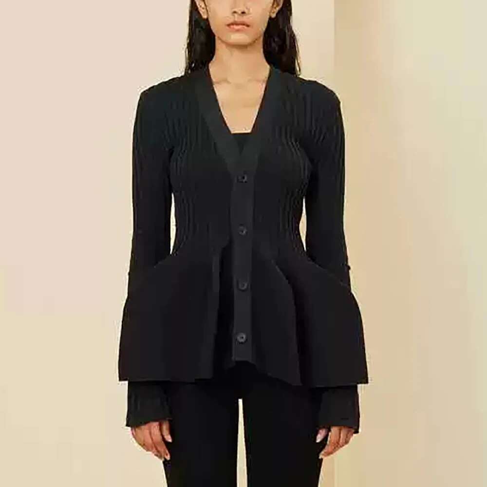 Single-Breasted Ruffle Hem Women Cardigan Y2k Waist Slim Fashion Elegant Commuter V-Neck Long Sleeve Sweater Top 2025 Autumn New