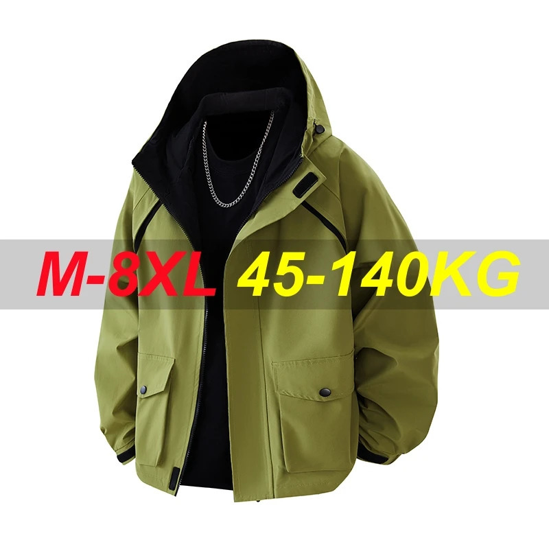 Mens Jacket Waterproof Windbreaker Hooded Trench Coats Oversize 6XL 7XL 8XL Plus Size Black Spring Loose Thin Softshell 250214