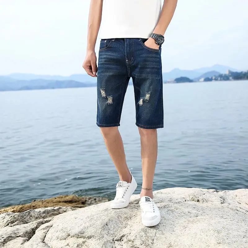 Summer Mens Personalized Washable Perforated Denim Short Pants Male Casual Straight Jeans 250217