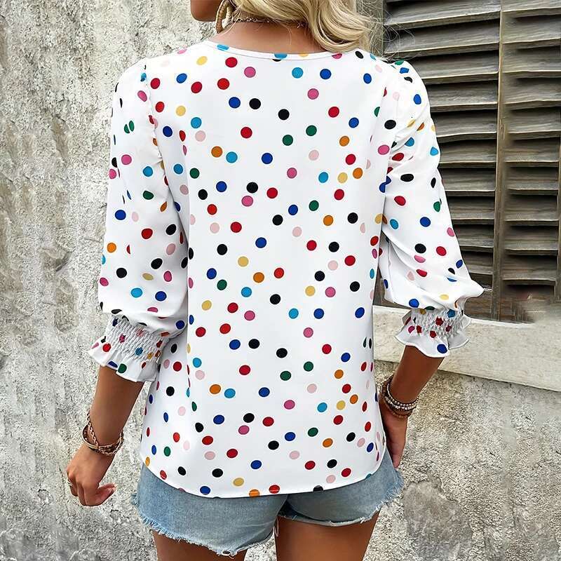 Women's Summer Top Round Neck Eight-Sleeved White Shirt Polka Dot Casual Breathable Fiber
