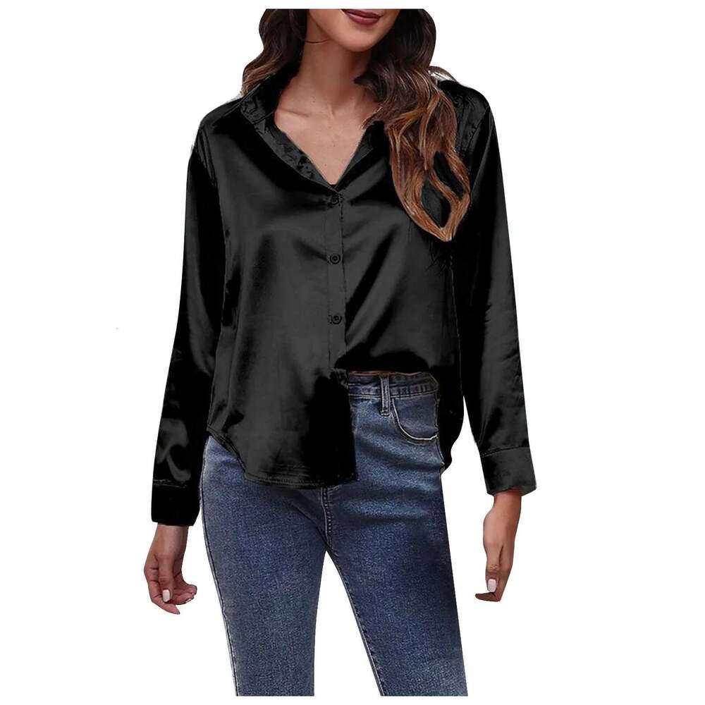 Fashion Solid Color Long Sleeved V-Neck Satin Imitation Silk Shirts For Women High Street Breathless Daily Chemise Femme Chic