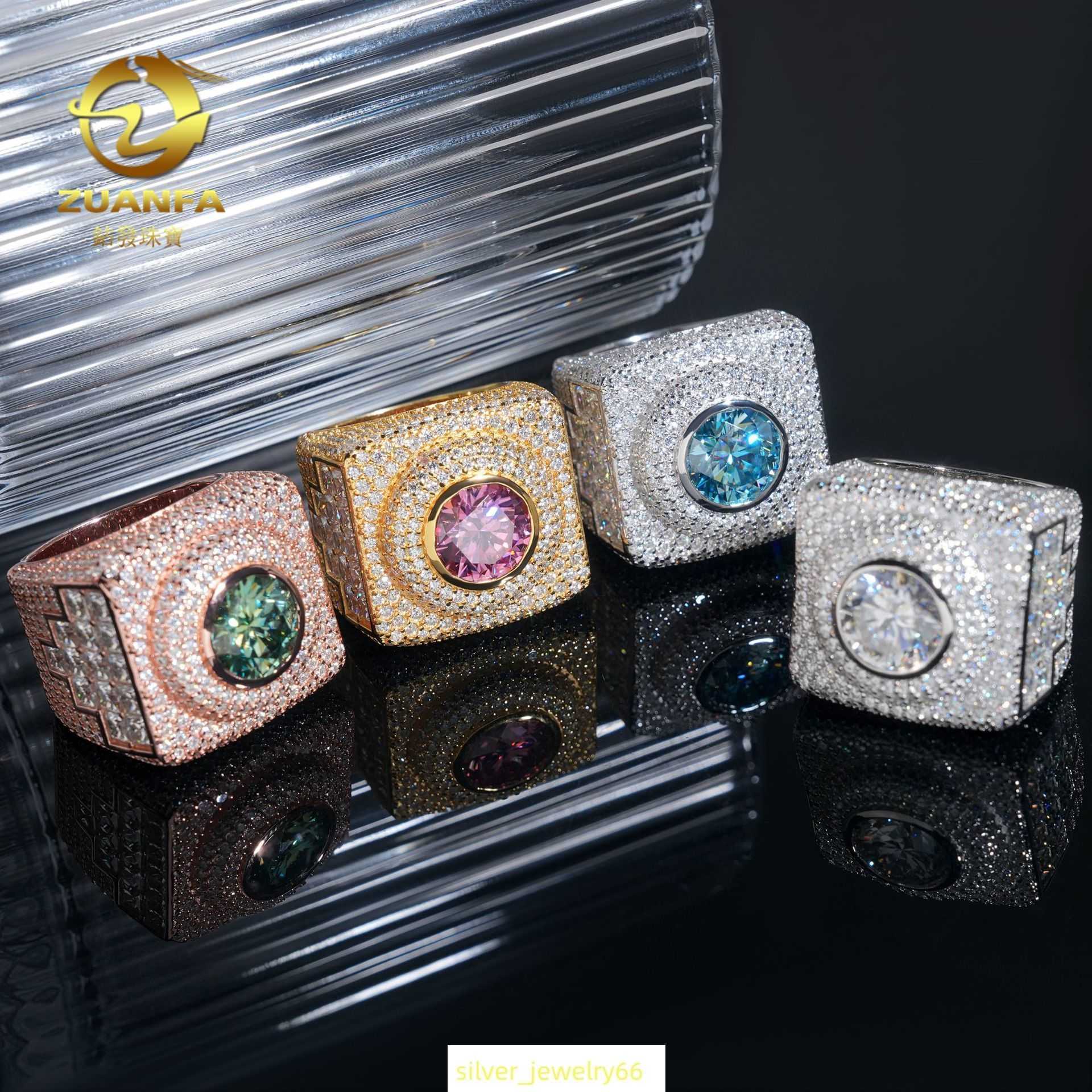 Hip hop new S925 silver inlaid main stone 4ct color Mozambique ring mens trendy accessory