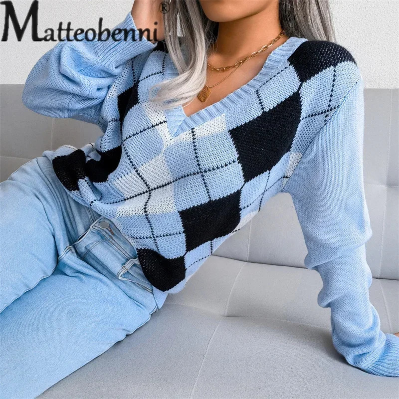 College Style Rhombus Sweater Women Elegant V Neck Pullover Jumpers Female Autumn Winter Casual Loose Knitwear Trend Streetwear 250211