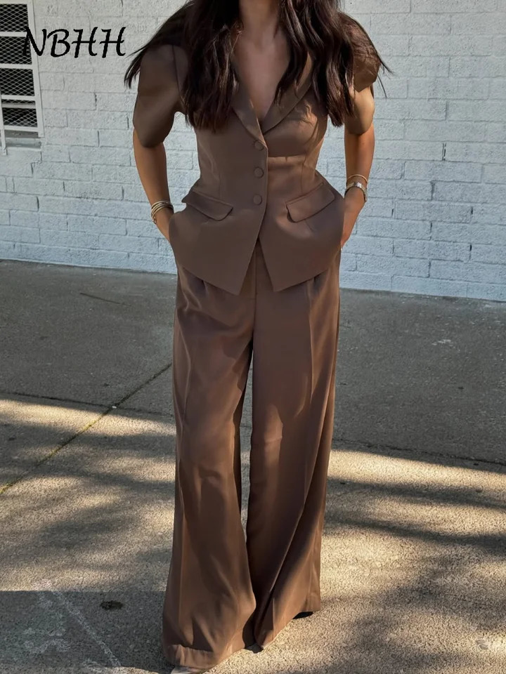 Fashion Blazer Suit Pants Sets Women Lapel Half Sleeves Single Breasted Jacket Wide Leg Trousers 2025 Spring Lady Commute Outfit 250210