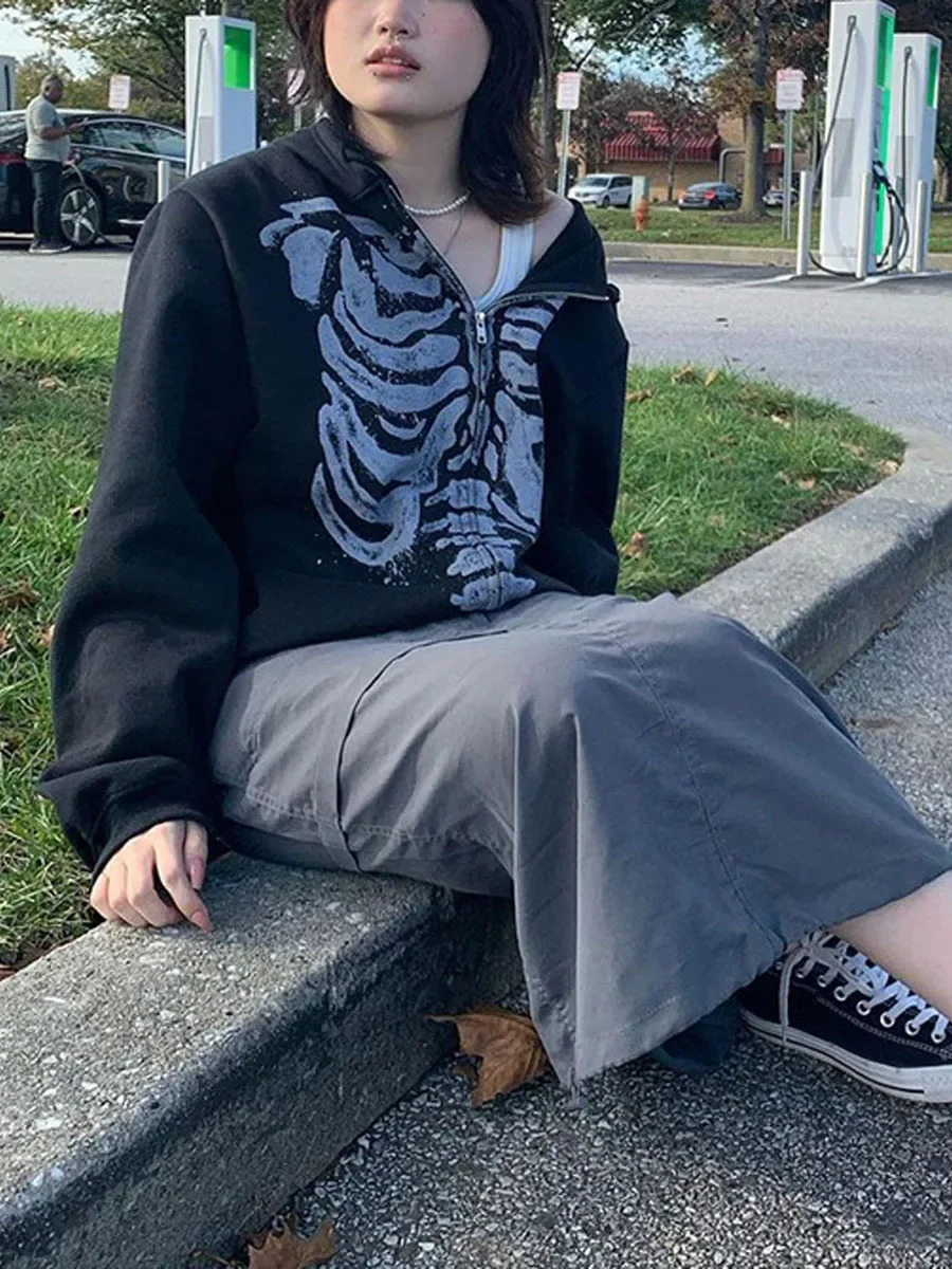 Halloween Women Spring Autumn Casual Hooded Coat Long Sleeve Skull Print Zipper Hoodie Grunge Top Gothic Sweatshirt 250213