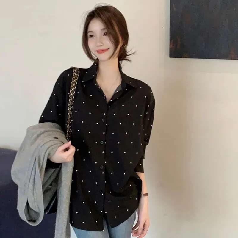 New Women Polka Dot Printed Blouse Long Sleeve Loose Turn-Down Collar Ladies Shirts Top