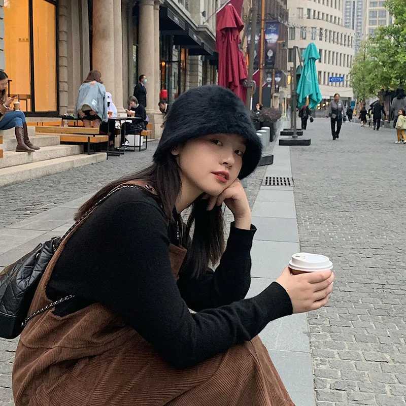 Autumn Winter Rabbit Fur Bucket Hat For Women Soft Plush Basin Cap Solid Color Female Warm Fisherman Hat W250217