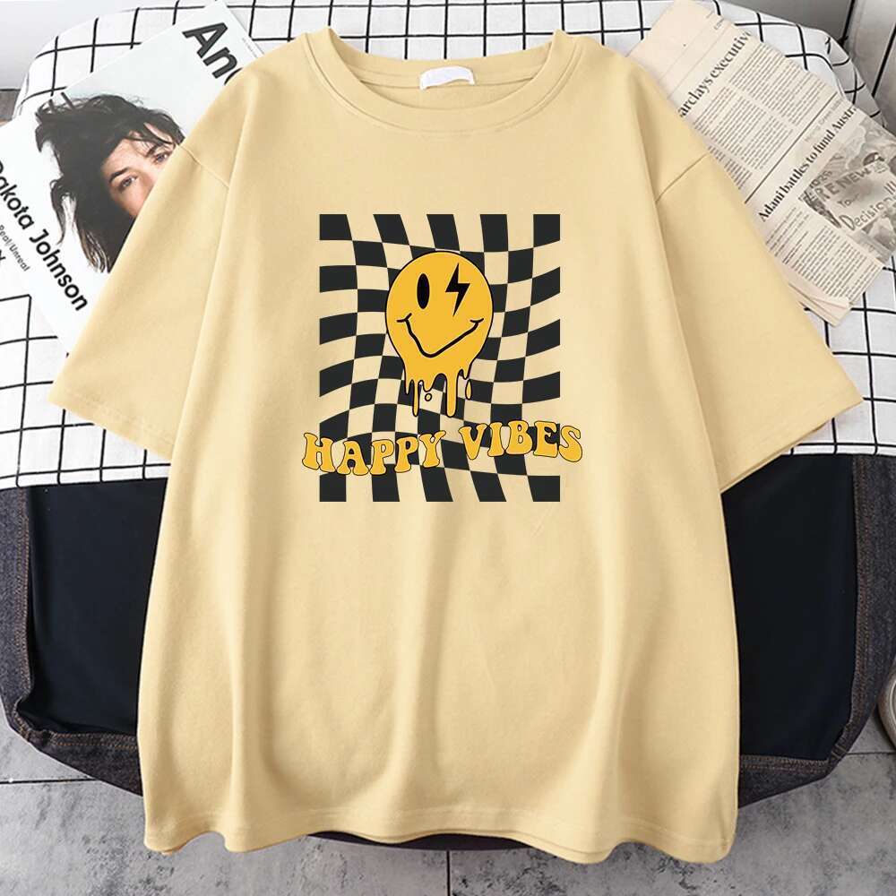 Happy Yellow Ghost Face Pattern T-Shirt Women Street Summer Oversize Tops Cotton Plus Size Tee Clothes Breathable Casual T Shirt