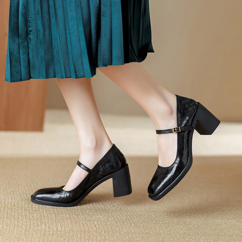 Vintage Square Toe Women Mary Jane Shoes Fashion Shallow Buckle 2025 Spring Autumn Dress Pumps Shoes 250122