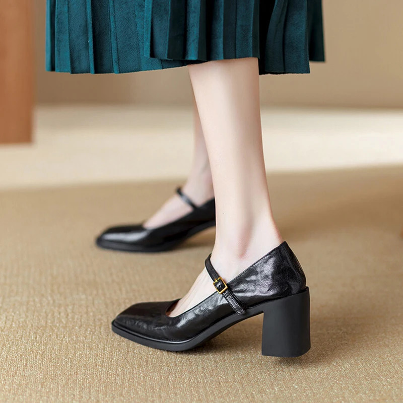 Vintage Square Toe Women Mary Jane Shoes Fashion Shallow Buckle 2025 Spring Autumn Dress Pumps Shoes 250122