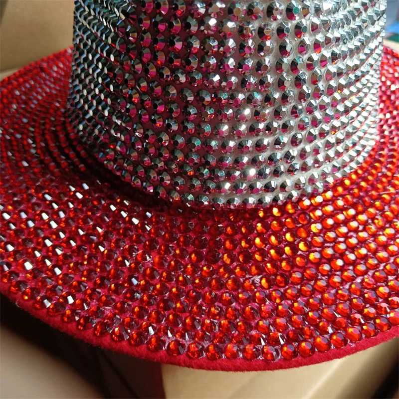 Red Rhinestone Cowboy Hat New Fedora Hat Panama New Womens Splicing Jazz Hat Party Stage Performance Female Hat X250217