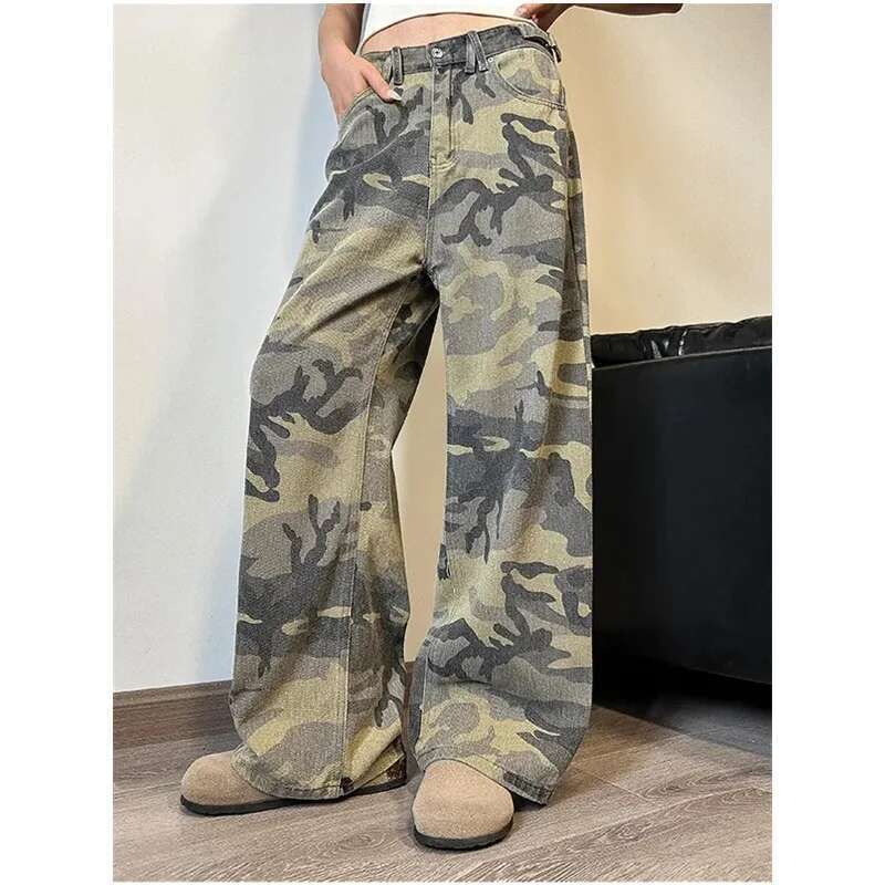 Camouflage Women Hip Hop Vintage High Waisted Jeans Straight Streetwear Casual Loose Large Size Wide Leg Denim Pants