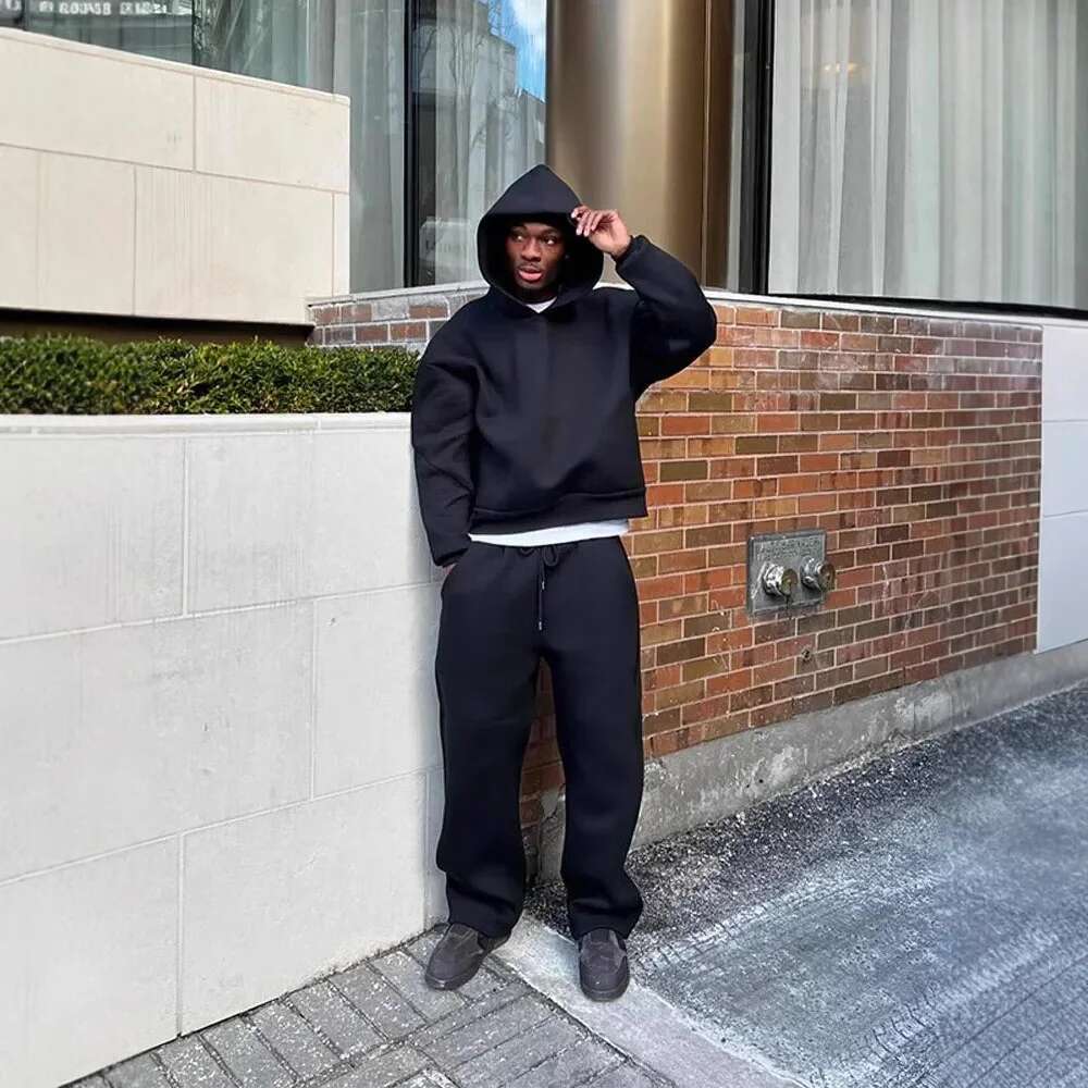 American solid color hooded sweatshirt for men and women high street knitted warm sports casual sweatpants couple set