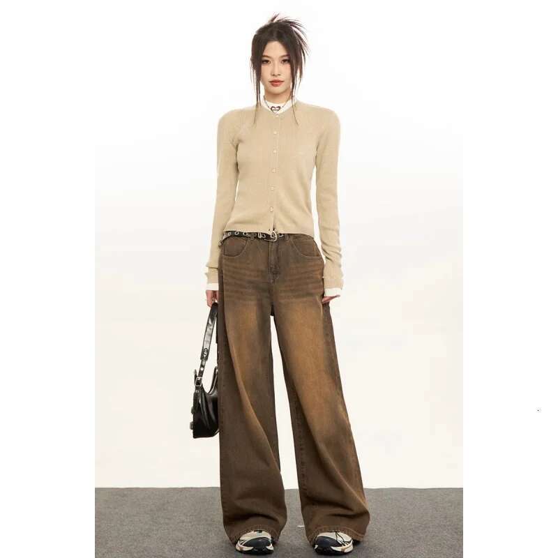 Women Brown Jeans Streetwear Fashion Y2k American Style High Waisted Wide Leg Jean Female Trouser Hip Hop Baggy 2025 Denim Pants