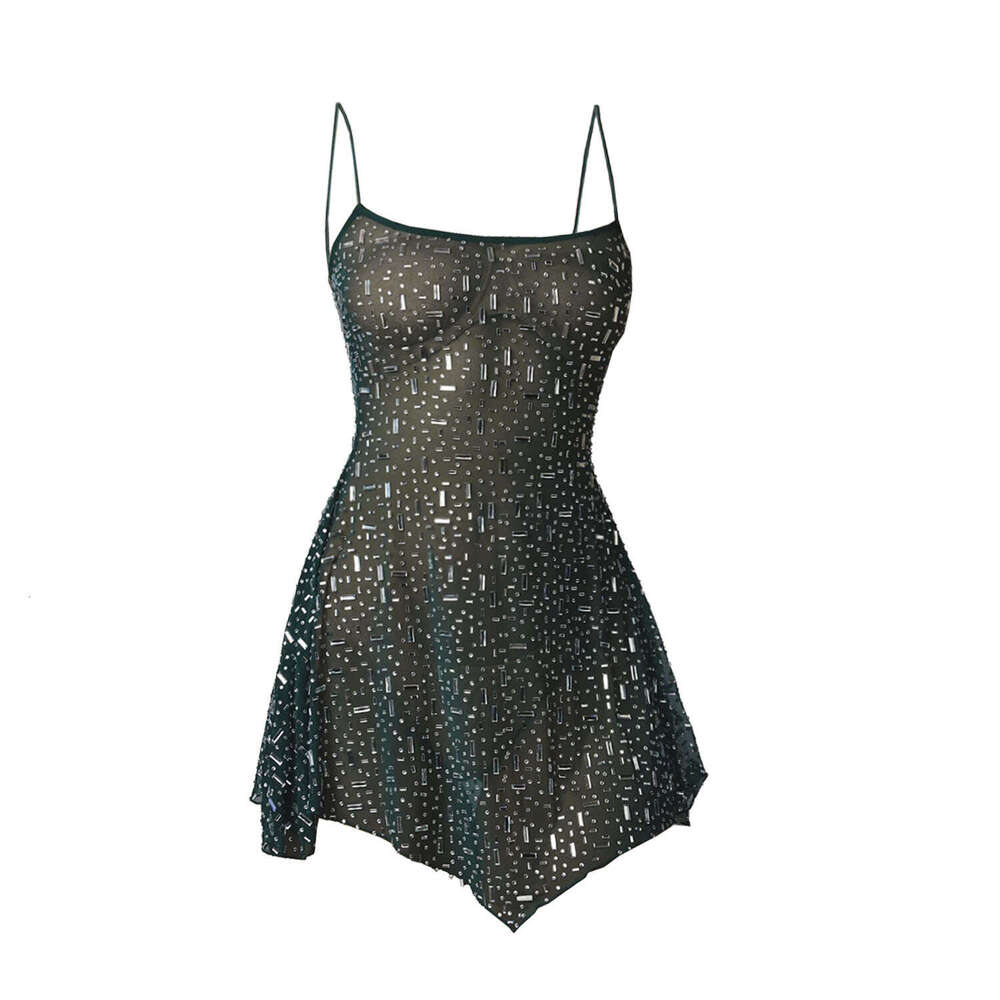 2025 popular women's party hot stamping semi transparent suspender short dress with versatile temperament, new trendy clothing ins