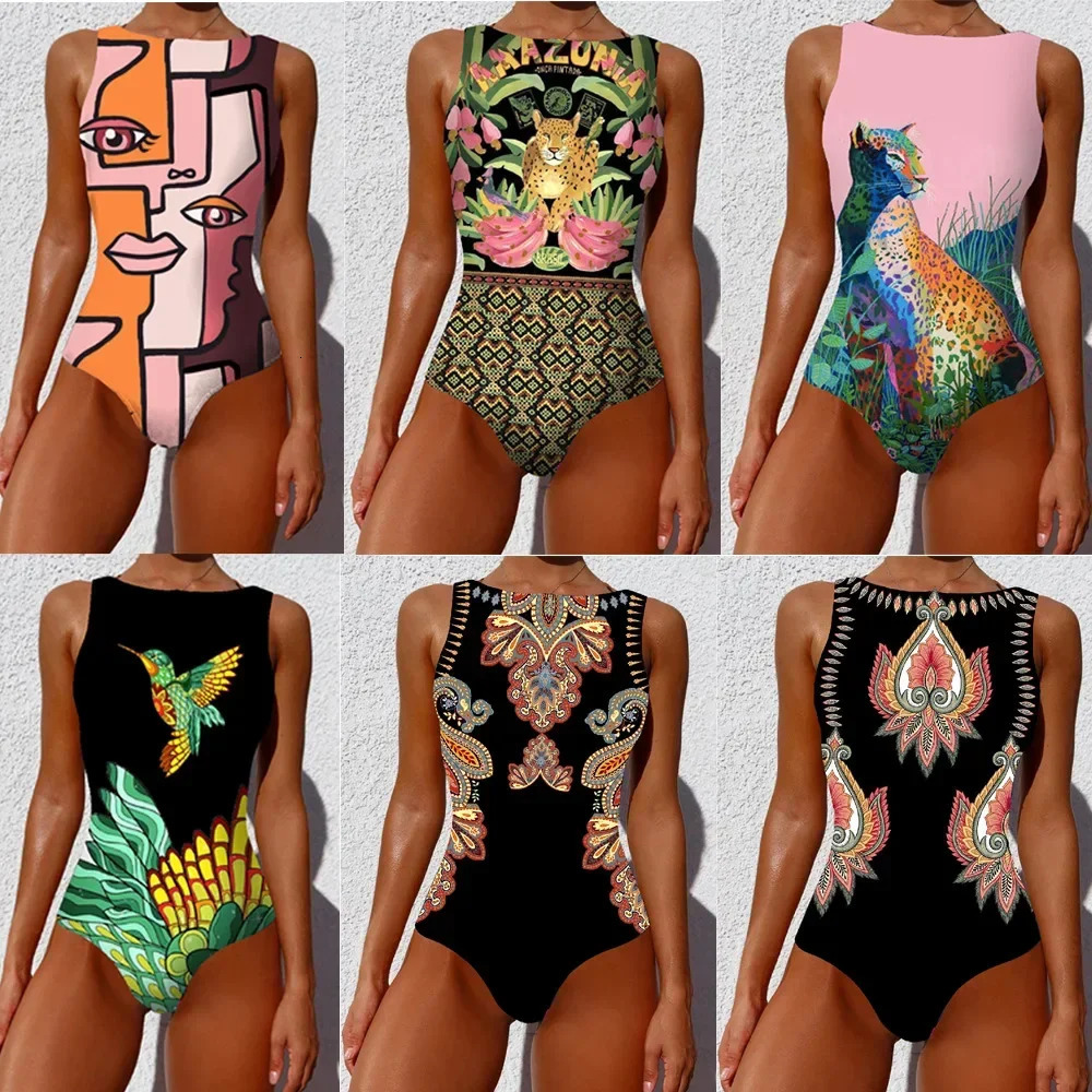 Printed Onepiece Swimsuit Classic Lace Up Womens Push Flower Suit Beach Wear For Female 250214