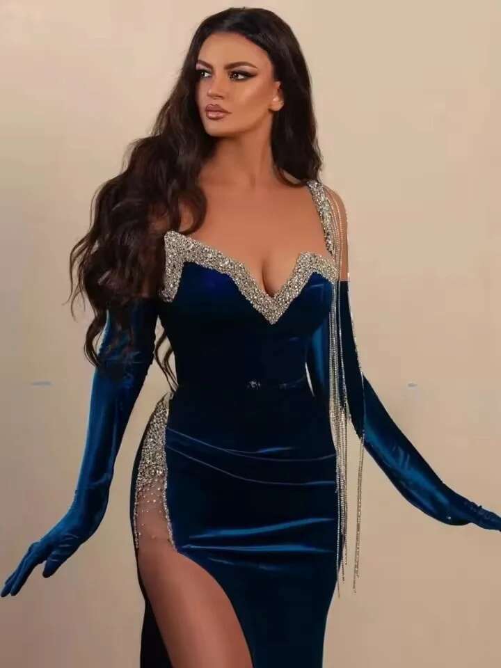 Sexy Mermaid Navy Blue Veet Evening Dresses With High Slit Women Glitter Tassel Sequin Rhie Long Prom Gowns Customized