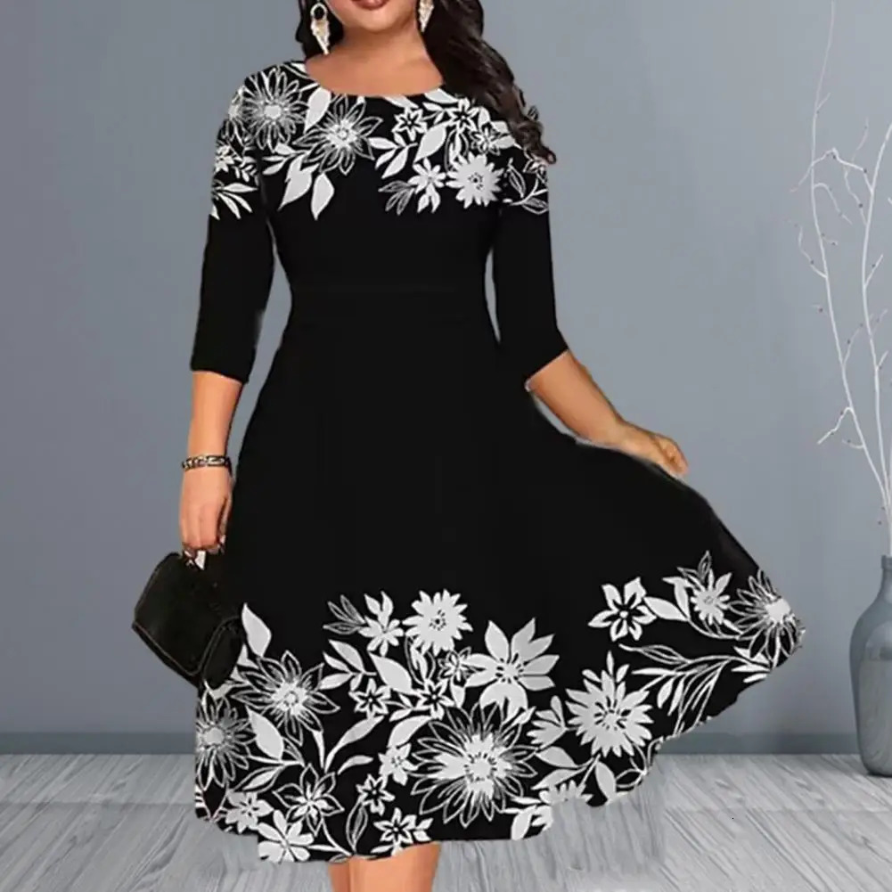 Womens Dress Summer Oneck 34 Sleeve Midi Plus Size Butterflies Printing Waist Tight Loose Hem Casual Streetwear 250214